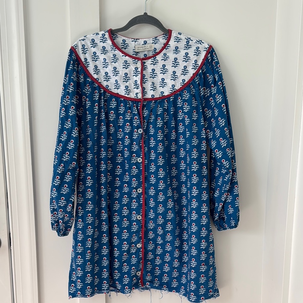 Blue Floral Long-Sleeve Women's Dress with Contrast Yoke